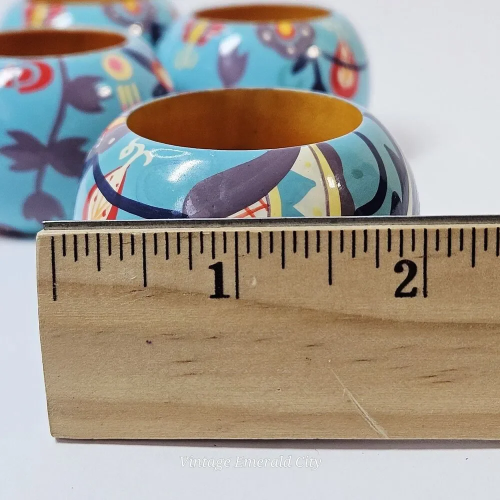 Vtg Set of 4 Wooden Hand Painted Bohemian blue/teal Floral Napkin Rings Spring